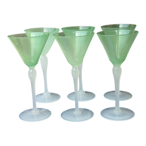 1910s Stevens & Williams Green & White Opaline Glass Cocktail Wine Stems - Set of 6