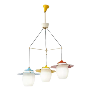 1960s Mid-Century Modern Italian Brass & Glass Chandelier