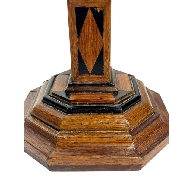 Pair Antique Italian Marquetry Inlaid Wood Candlestick Holders With Octagonal Base For Sale - Image 9 of 18