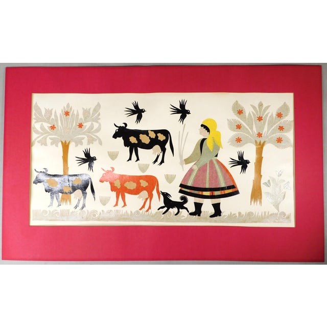 1960s Vintage Chine Collé / Papier Collé Pastoral Folk Scene Primitive Art Reproduction For Sale In Portland, ME - Image 6 of 15