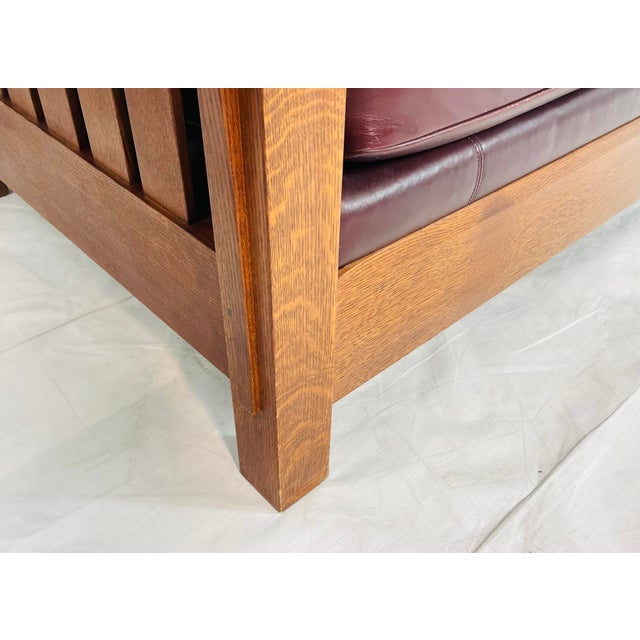 1980s Stickley Arts & Crafts Solid Oak Sofa With Burgundy Leather Upholstery For Sale - Image 12 of 16