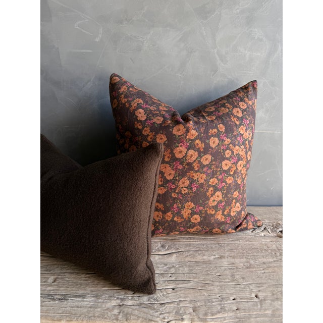Rustic European Brown Floral Linen Pillow With Brass Zipper and Down Feather Insert For Sale - Image 3 of 7