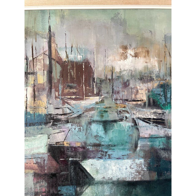 1960s Vintage Harbor Scene Jean Kalisch Abstract Painting Oil on Board For Sale - Image 10 of 12