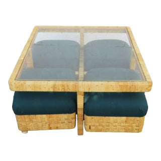 Dimpos Hollywood Regency Bamboo Glass Top Coffee Table and 4 Nesting Stools 6116 For Sale