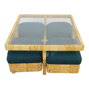 Dimpos Hollywood Regency Bamboo Glass Top Coffee Table and 4 Nesting Stools 6116