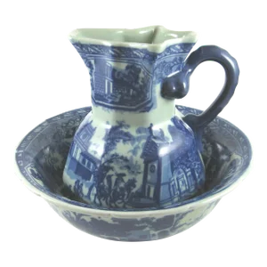 Vintage Victoria Ware Ironstone Ceramic Flow Blue Pitcher Basin Washstand Set