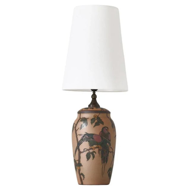 Art Nouveau Ceramic Table Lamp Hand Decorated with Parrots, Denmark, 1930s For Sale - Image 12 of 12