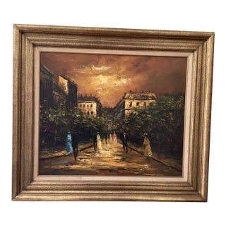 Vintage Impressionistic Painting on Canvas “Evening Paris“ Signed Framed For Sale