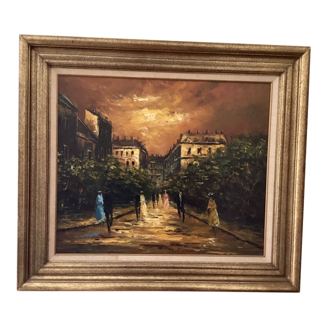 Vintage Impressionistic Painting on Canvas “Evening Paris“ Signed Framed For Sale