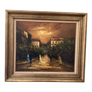 Vintage Impressionistic Painting on Canvas “Evening Paris“ Signed Framed