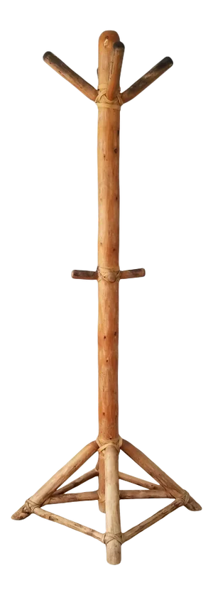 Vintage Handcrafted Wood and Leather Floor Coat Rack