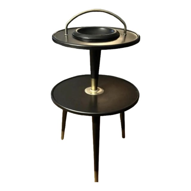 Mid-Century Tier Black and Brass Side Table With Handle 1950s For Sale