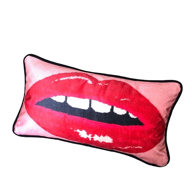 2020s Modern Velvet Lips Lumbar Accent Pillow, Original Design Custom Made For Sale - Image 5 of 6