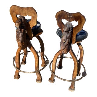 Turkish Wooden Camel Stools With Brutalist Details - Set of 4 For Sale