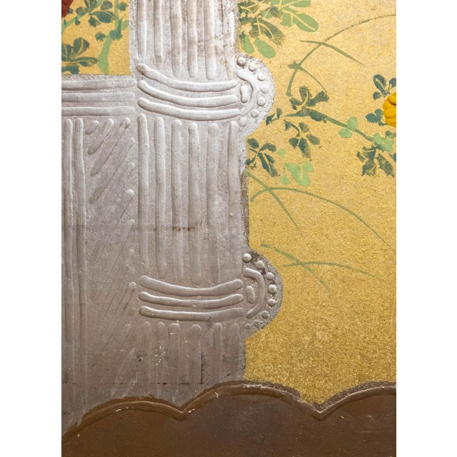 Wood Japanese Rimpa Two-Panel Screen With Chrysanthemums and Silver Twig Fence, Late 19th Century For Sale - Image 7 of 10