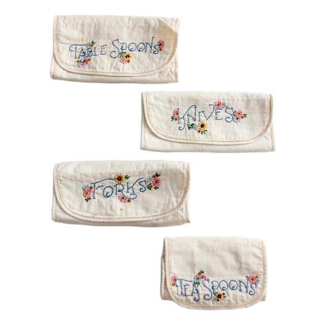 Vintage Embroidered Silverware Holder Set of 4 For Sale