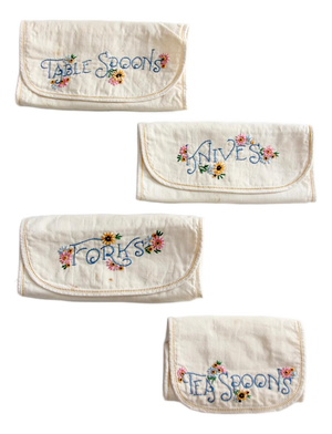 Vintage Embroidered Silverware Holder Set of 4