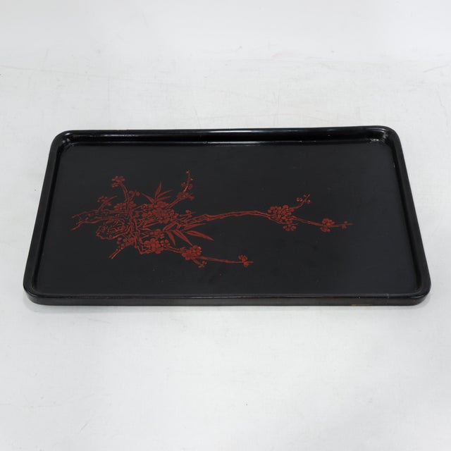 Vintage Chinese Black Lacquer Rectangular Serving Tray - Red and Gold Plum Blossom Motif For Sale - Image 10 of 16