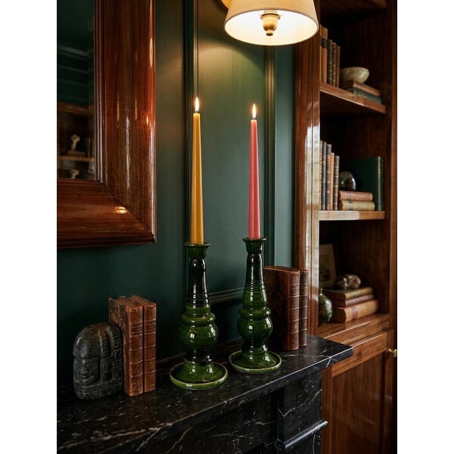 Emerald Pair of Moroccan Emerald Green Glazed Ceramic Candlesticks For Sale - Image 8 of 9