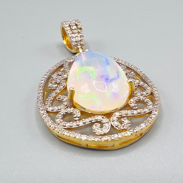 Vintage Art Deco Style Pear Opal and Diamond Teardrop Statement Pendant in Gilded 925 Silver, 1980s For Sale - Image 6 of 15