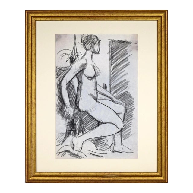 Vintage Mid Century Charcoal Figure Study Drawing of a Female Nude C. 1960 For Sale