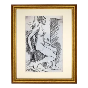 Vintage Mid Century Charcoal Figure Study Drawing of a Female Nude C. 1960