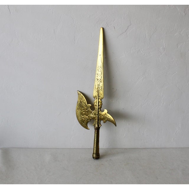 Vintage Ornate Brass Finish Decorative Gothic Halberd Spear Axe Hook Wall Mount For Sale - Image 4 of 11