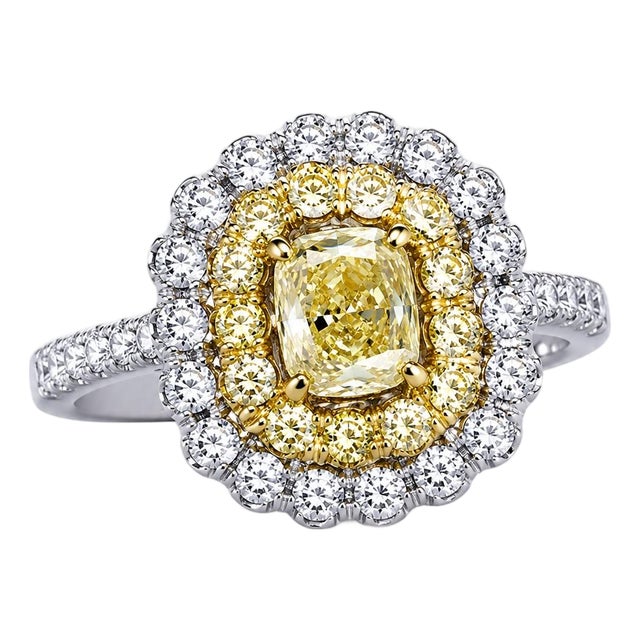 Mid 20th Century 18k White Gold Fancy Color Yellow Diamond Filigree Engagement Ring, Size 6.75 For Sale
