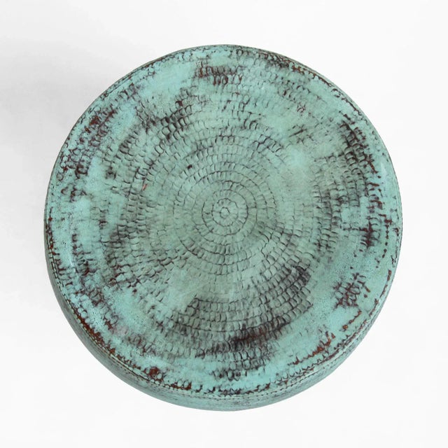 Vintage hammered copper barrel side table or stool. Beautiful verdigris finish. Each is slightly unique. Great indoors or...