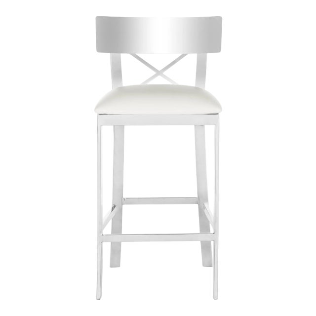 35''H Stainless Steel Cross Back Counter Stool in White & Chrome For Sale