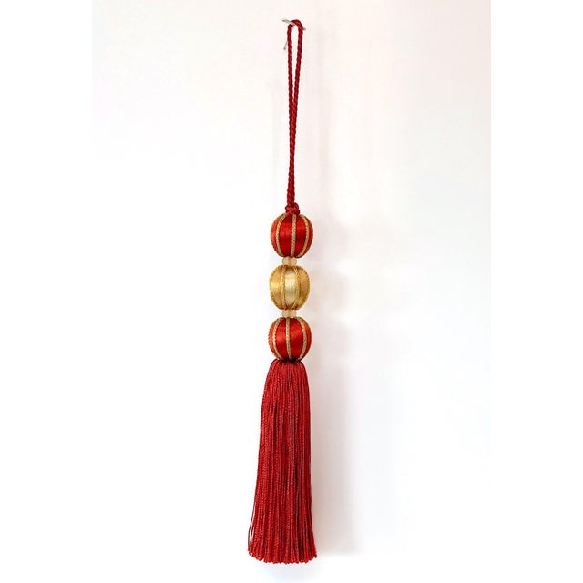 Shabby Chic Beaded Satin Key Tassel in Red and Gold Color For Sale - Image 3 of 15