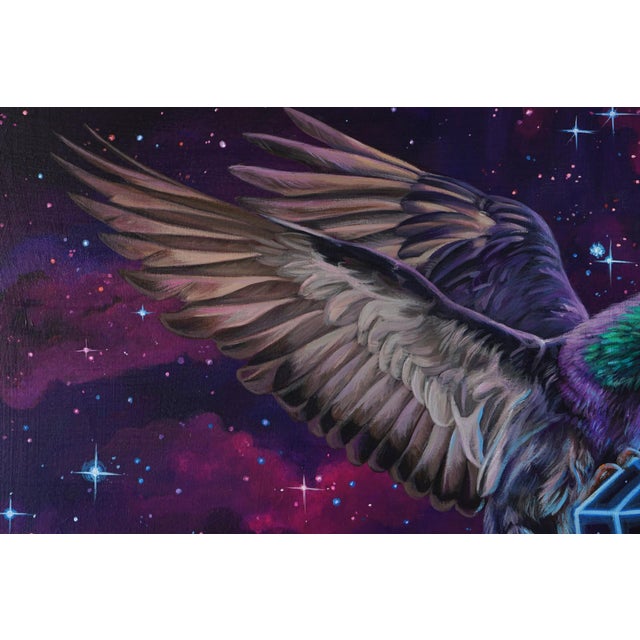 In "Hold On Tight," a majestic bird soars through a cosmic backdrop filled with vibrant purples and deep blues, evoking a...