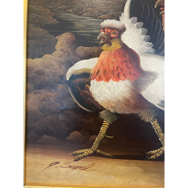A Signed Vintage Rooster With Birds Oil Painting With Frame For Sale In Boston - Image 6 of 9