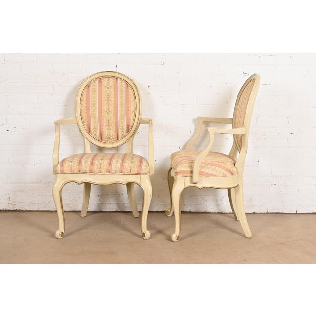 Cream Karges French Provincial Louis XV Cream Lacquered and Gold Gilt Armchairs or Dining Chairs, Pair For Sale - Image 8 of 11