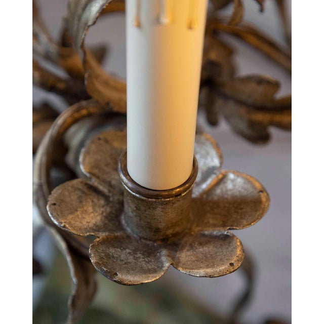 Pair Of Italian Candelabra 20th Century Silver-leaf Wrought Iron Foliate Lamps For Sale - Image 4 of 15