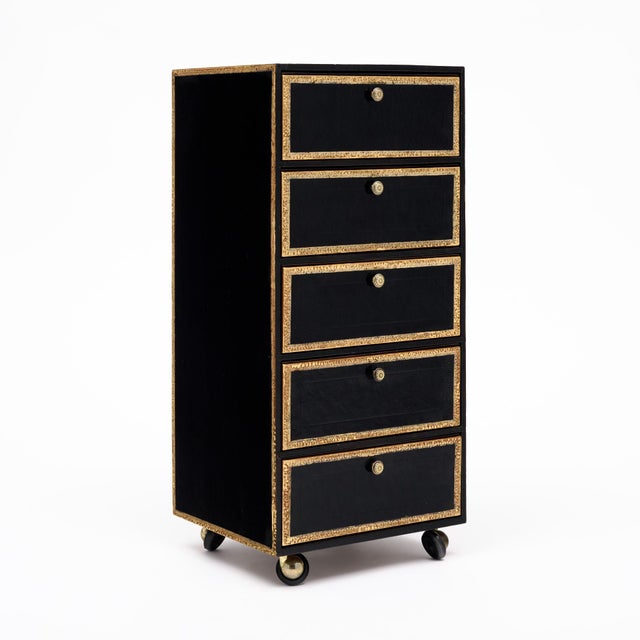 1930s Vintage French Pair of Leather Covered Filing Cabinets, Casters For Sale - Image 5 of 10