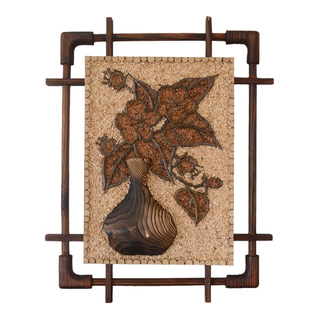 Mid Century Red Cedar and Wood Chip Vase With Flowers Wall Art For Sale