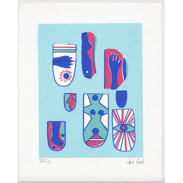1970s Jack Garth MCM style tribal or ceremonial screenprint. Pencil signed and numbered from an edition of 50.