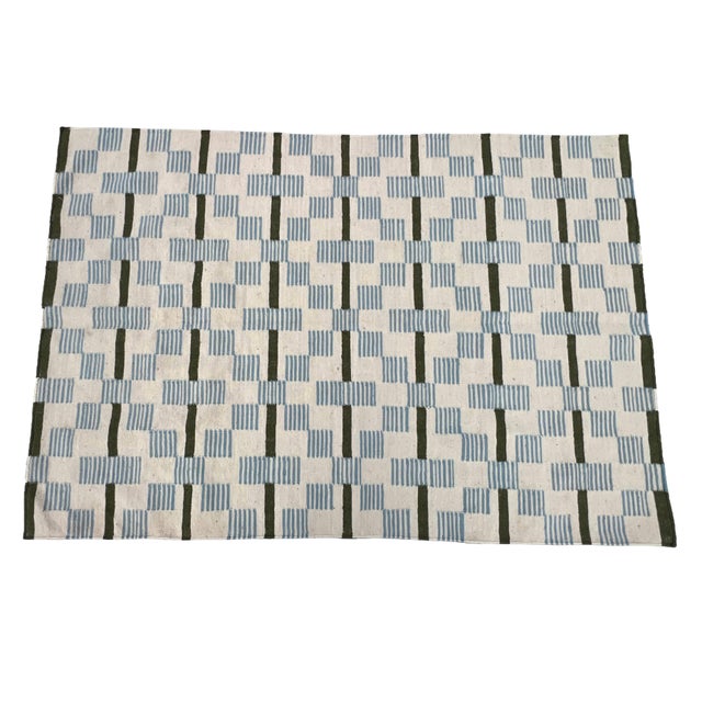 Handmade Woolen Flat Weave Rug, Cream, Sky Blue and Sage Green Striped Wool Rug - 6'x9' For Sale - Image 6 of 10