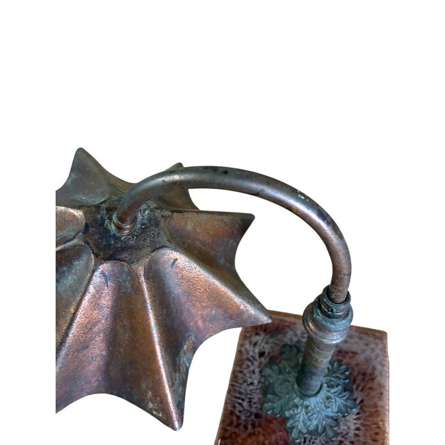 Antique Arts Crafts Copper Desk Lamp Clay Tile Base Ruffle Clam Shell Shade For Sale - Image 4 of 12