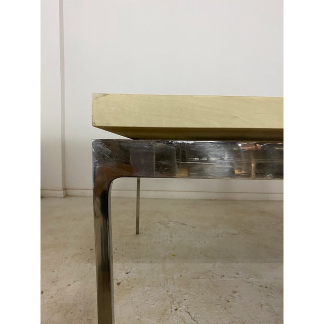Contemporary Late 20th Century Custom Square Dining Table in Blond Solid Wood With Stainless Steel Base For Sale - Image 3 of 11