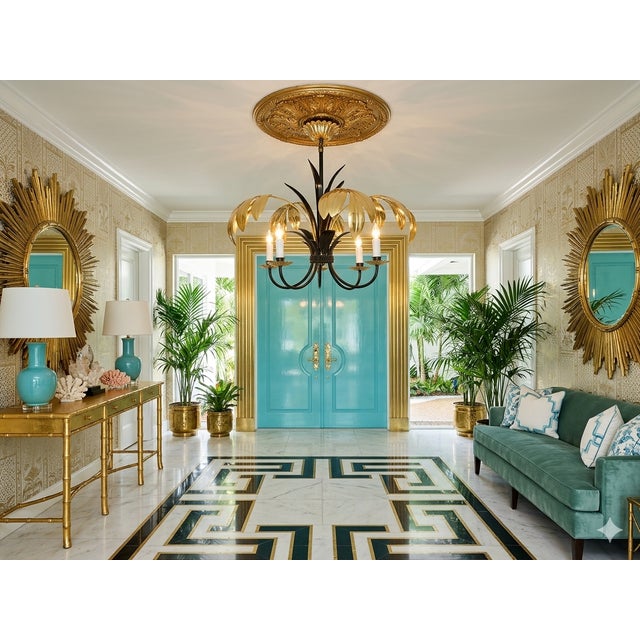 French Vintage Mid-Century Metal Tole Gold and Black Palm Leaf Chandelier For Sale - Image 10 of 10