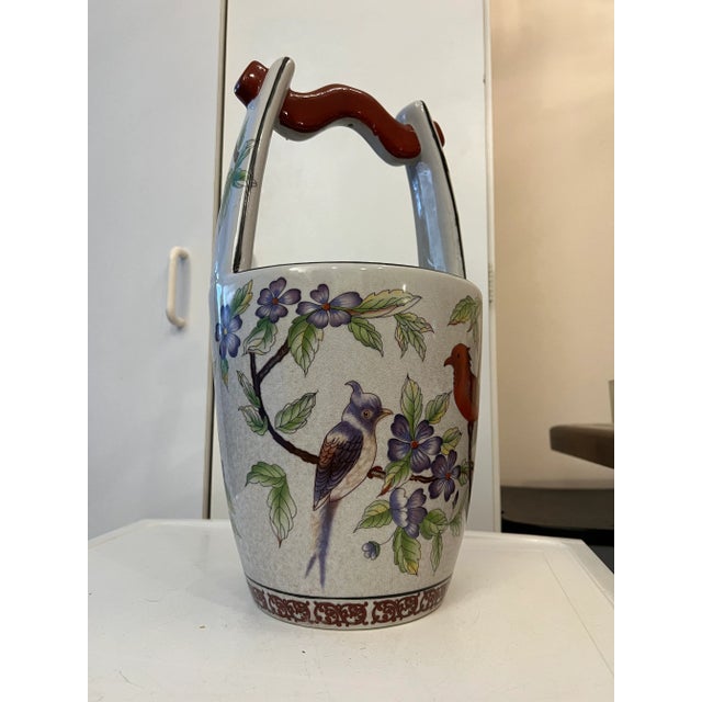 Vintage Floral & Bird Ceramic Water Bucket Vase/Planter For Sale - Image 4 of 12