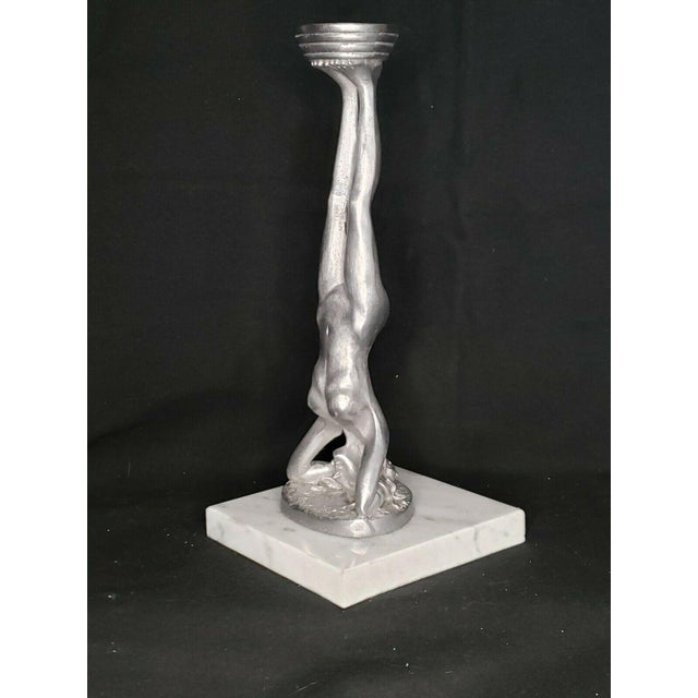 Art Nouveau 1980s Vintage Art Nouveau Nude Head Stand Metal Sculpture on Marble Stand / Ring Caddy For Sale - Image 3 of 11