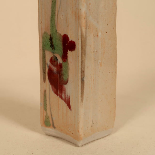 Almond 20thC Handmade Sculptural Rectangular Ceramic Bud Vase With Abstract Floral Glaze, Mid Century Modern Organic Form For Sale - Image 8 of 15