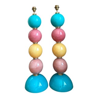 Vintage Murano Multicolor Glass Sphere Table Lamps - A Pair For Sale