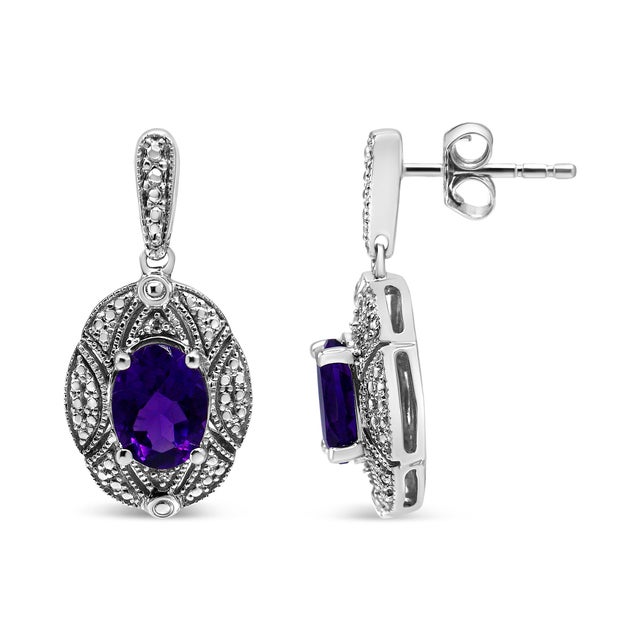 Contemporary .925 Sterling Silver Diamond Accent and 8x6mm Purple Oval Amethyst Stud Earrings (I-J Color, I1-I2 Clarity) For Sale - Image 3 of 5
