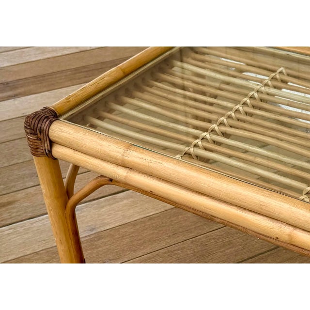 Tan 1960s McGuire Style Rattan Table W/Glass Top For Sale - Image 8 of 8