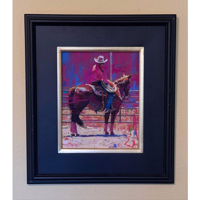 Figurative The Arena by Jeff Slemons | Soft Pastel on Sanded Paper Horse and rider in a rodeo setting. For Sale - Image 3 of 3
