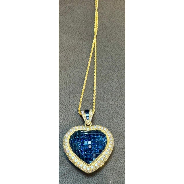 Blue Invisible Mystery Set Sapphire and Diamond Heart Pendant 18 Karat Yellow Gold For Sale - Image 8 of 18
